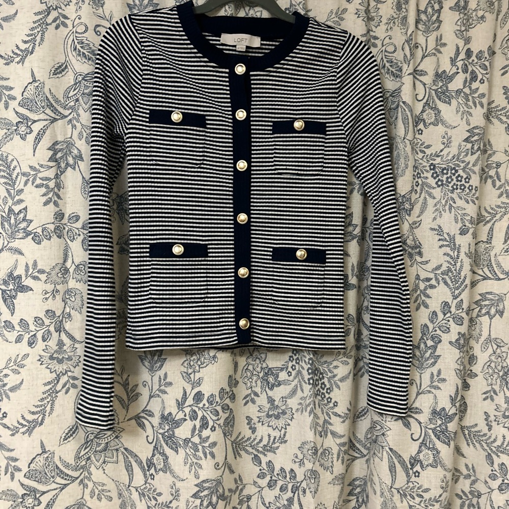 Women's Navy and White Striped Button Down Ribbed Cardigan